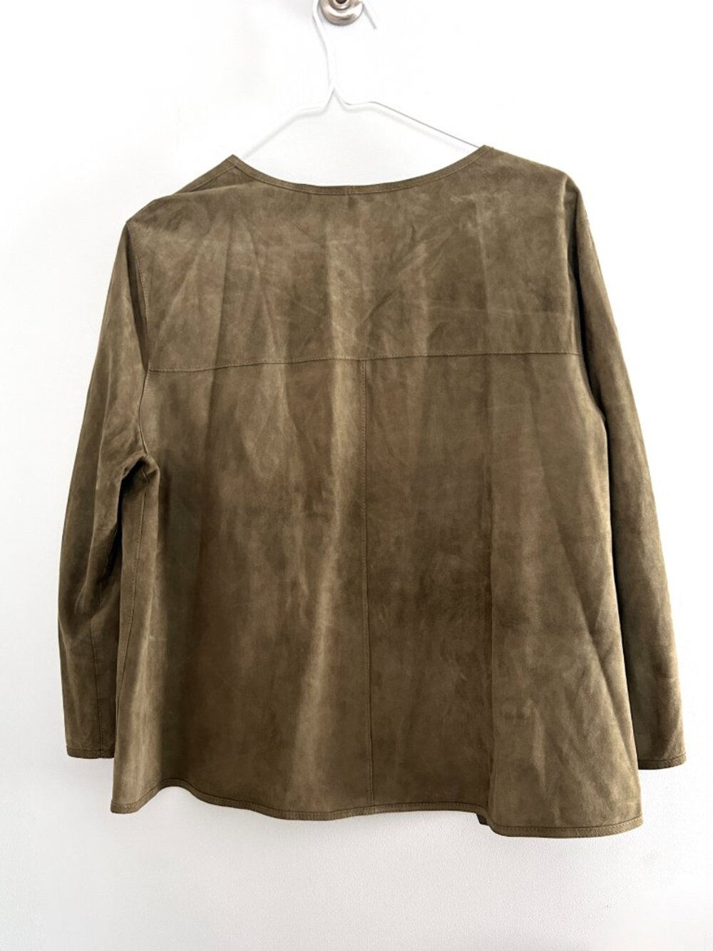 Lafayette 148 New York Olive Suede Leather Open Front Jacket Size L Luxury Drape - Picture 2 of 10